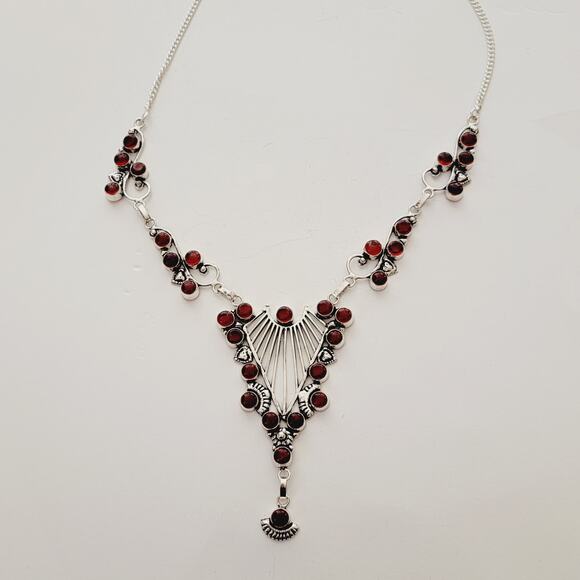 Intricate Red Simulated Gemstone Necklace - Sterling Silver Statement Jewelry - Picture 5 of 7